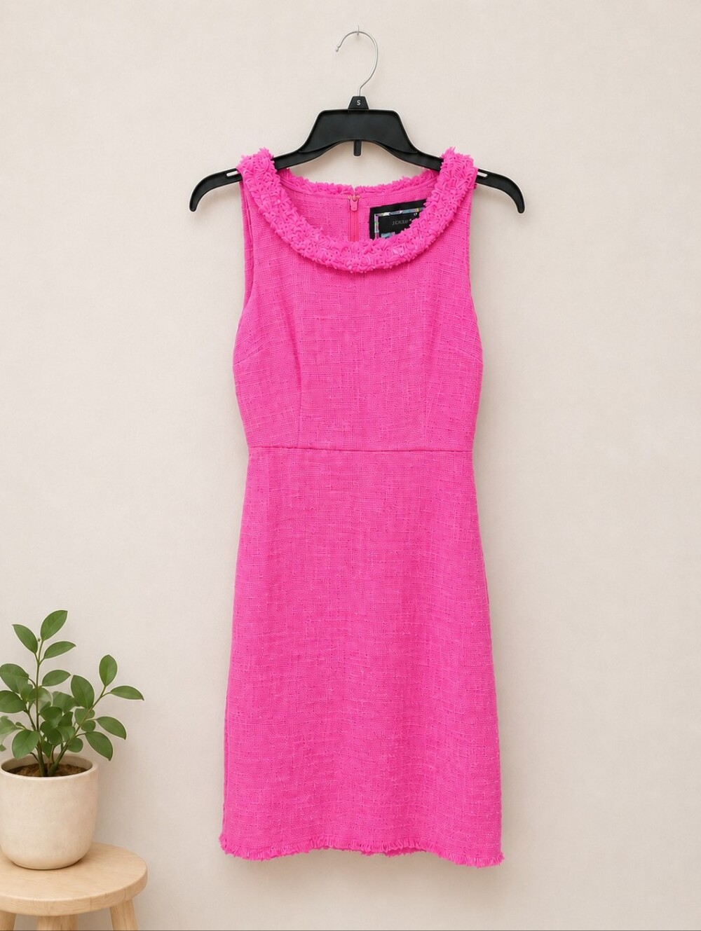 J.Crew Re-Imagined Pink Tweed Sheath Dress Size 00 Sleeveless Fringe Trim Career - Picture 2 of 6